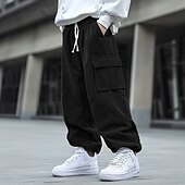 abordables Pantalons Cargo-Homme Pantalon Cargo Pantalon en Velours Côtelé Pantalon Pantalon baggy Cordon Taille elastique Multi poche Couleur unie Respirable Doux Toute la longueur Formel Bureau Travail mode simple Ample Noir
