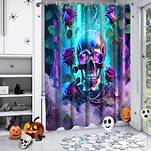 baratos Cortinas de Banho-cortina de chuveiro de halloween com ganchos para banheiro cortina de chuveiro de caveira conjunto de decoração de banheiro poliéster à prova d&#039;água pacote com 12 ganchos de plástico cabeças de