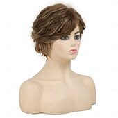 cheap Older Wigs-Brown Curly Pixie Wigs for White Women Short Fluffy White Hair with Bangs Natural Synthetic Heat Resistant Wig
