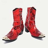 cheap Premium Leather Boots-Men&#039;s Red Premium Cowhide Motorcycle Boots with Snake Pattern, Metal Toe Cap, and Western Style – Perfect for Riding and Outdoor Adventures