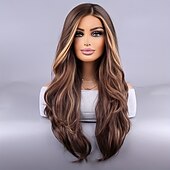 abordables Perruques Synthétiques Sans Bonnet-perruque synthétique longue et bouclée - brun riche avec des accents blonds, longueur luxueuse, texture rebondissante et style d&#039;apparence naturelle - parfaite pour les femmes au quotidien et les