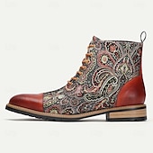 cheap Premium Leather Boots-Men&#039;s Premium Cowhide and Jacquard Paisley Ankle Boots - Vintage Lace-Up Leather Boots with Rugged Sole for Casual and Formal Wear