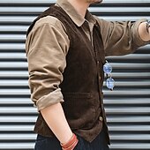 お買い得  メンズベスト-男性用 ベスト ジレ 日常 デート バケーション ファッション カジュアル 春 &amp; 秋 ボタン ポケット ポリエステル コーデュロイ 快適 平織り シングルブレスト 一つボタン Ｖネック レギュラー ブラック アーミーグリーン ダークブルー コーヒー ベスト