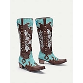 levne Cowboy &amp; Western Boots-dámské tyrkysové a hnědé westernové kovbojské boty z umělé kůže se zdobením a cvočkovými detaily - vysoké boty ke kolenům pro rodeo a festivalové nošení
