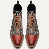 cheap Premium Leather Boots-Men&#039;s Premium Cowhide and Jacquard Paisley Ankle Boots - Vintage Lace-Up Leather Boots with Rugged Sole for Casual and Formal Wear