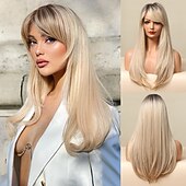 economico Parrucche trendy sintetiche-parrucca bionda lunga con frangia - parrucche bionde con radice scura ombré per donne bianche, capelli sintetici lisci e ondulati resistenti al calore, parrucche naturali carine per