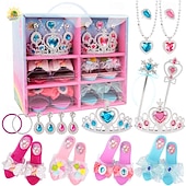 זול Party Supplies-סט נעלי התלבשות נסיכות, נעלי בית, שרשרת ועגילים - מתנת יום הולדת לילדות, משחק משפחתי, קופסת תכשיטי צעצוע להעמיד פנים - מושלם למשחק דמיון והבעה יצירתית