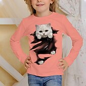 billiga Flickans 3D-djur-Flickor 3D Grafisk Djur Katt T-shirt Långärmad Vår Höst Mode Grundläggande Barn 4-12 år Rund hals Utomhus Ledigt Dagligen Normal