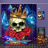 baratos Cortinas de Banho-cortina de chuveiro de halloween com ganchos para banheiro cortina de chuveiro de caveira conjunto de decoração de banheiro poliéster à prova d&#039;água pacote com 12 ganchos de plástico cabeças de
