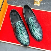 cheap Semi-Formal-Men&#039;s Snakeskin Print Loafers – Stylish Green and Black Glossy Slip-On Shoes with Modern Design, Perfect for Formal and Semi-Formal Occasions