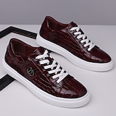 voordelige Herensneakers-Heren burgundy krokodillenpatroon imitatie leren sneakers met vetersluiting – stijlvolle casual schoenen voor dagelijks gebruik