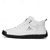 cheap Ankle Boots-Men&#039;s White Faux Leather High-Top Ankle Boots – Handcrafted Stitching, Lace-Up Design with Velcro Strap, Rugged Non-Slip Sole for Outdoor and Casual Wear