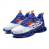 cheap Men's Running Shoes-Men's Blue Athletic Sneakers with Unique Hollow Sole Design, Breathable Knit Upper, and Flame Detail – Lightweight Running Shoes with Orange Accents