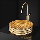 abordables Lavabos de cubeta-Combinación de lavabo de baño redondo, lavabo de baño de vidrio enchapado contemporáneo y grifo de cascada con acabado cromado