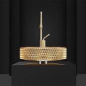 abordables Lavabos de cubeta-Combinación de lavabo de baño redondo, lavabo de baño de vidrio enchapado contemporáneo y grifo de cascada con acabado cromado