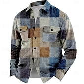cheap Men&#039;s Shirt Jacket-Men&#039;s Plaid Geometric Pattern Corduroy Shirt Shirt Jacket Overshirt Long Sleeve Vintage Casual Formal Dailywear Fall &amp; Winter Turndown Collared Shirts Buttons 3D Print 2 Pockets 1pc Light Blue Navy