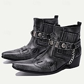 cheap Premium Leather Boots-Men&#039;s Black Premium Cowhide Leather Motorcycle Boots with Western Style, Metal Studded Strap, and Chain Accent – Perfect for Biker and Cowboy-Inspired Fashion