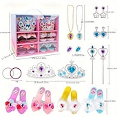 זול Party Supplies-סט נעלי התלבשות נסיכות, נעלי בית, שרשרת ועגילים - מתנת יום הולדת לילדות, משחק משפחתי, קופסת תכשיטי צעצוע להעמיד פנים - מושלם למשחק דמיון והבעה יצירתית