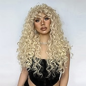 baratos Perucas Sintéticas sem Touca-Perucas sintéticas Uniformes Trajes de carreira Princesa Encaracolado Deep Curly Parte do meio Corte em Camadas Com Franjas Fabrico à Máquina Peruca 26 polegadas Dourado Suave Cabelo Sintético