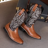 levne Cowboy &amp; Western Boots-pánské dvoubarevné westernové kovbojské boty – vintage styl s vyšívanou stopkou, hnědá a černá umělá kůže, ideální pro rodeo nebo běžné nošení