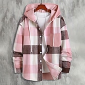 cheap Flannel Shirts-Men&#039;s Shirt Flannel Shirt Overshirt Plaid Outdoor Street Black Pink Navy Blue Brown Long Sleeve Hooded Winter Spring &amp;  Fall Clothing Apparel