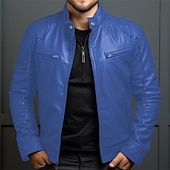 abordables Veste cuir homme-Homme Veste en Similicuir Veste de transition Veste moto Veste en cuir rouge Vacances Quotidien Coupe-vent Chaud Avec Poches Automne &amp; Hiver Uni Mode Classique Col montant Régulier Similicuir Noir