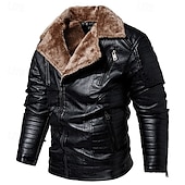 billiga Skinnimiterad jacka-Herr Imitationsläderjacka Fleece-jacka Bikerjacka Motorcykeljacka Dagligen Semester Vindtät Håller värmen Ficka Höst vinter Slät Mode Klassisk Kavajslag Normal Svart Rubinrött Brun Kaffe Jacka