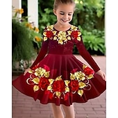 cheap 3D Flower Dress-Easter Girls&#039; 3D Rose Graphic Dress Long Sleeve Summer Spring Vacation Daily Holiday Princess Beautiful Sweet Kids 4-12 Years Casual Dress A Line Dress Knee-length Regular Fit