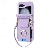 cheap Samsung Cases-Phone Case For Samsung Galaxy Z Flip 7 Z Flip 6 Z Flip 5 Z Flip 4 Z Flip 3 Back Cover Ring Holder with Lanyard with Wrist Strap Retro TPU PU Leather