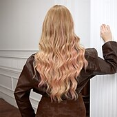 cheap Synthetic Trendy Wigs-Synthetic Wig Curly Wavy Neat Bang With Bangs Machine Made Wig 26 inch Gold Pink Synthetic Hair Women&#039;s Cute Cosplay Party Blonde
