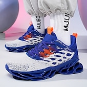 cheap Men's Running Shoes-Men's Blue Athletic Sneakers with Unique Hollow Sole Design, Breathable Knit Upper, and Flame Detail – Lightweight Running Shoes with Orange Accents