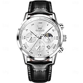abordables Montres à quartz-Montre en Quartz pour Hommes OLEVS Montre de Mode Décontractée avec Phase de Lune Calendrier Lumineux Chronographe Montre en Cuir