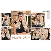 رخيصةأون باروكات شهيرة صناعية-باروكة شعر أشقر طويل متدرج مع غرة للنساء، باروكة مموجة طبيعية متعددة الطبقات، جذور بنية، ألياف صناعية مقاومة للحرارة، شعر مجعد عالي الكثافة للاستخدام اليومي في الحفلات والعطلات والمواعدة