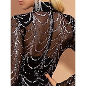 voordelige Zwart-Black Tie Zeemeermin Avondjurk Sequins Glanzende Jurk Formele Vloerlengte Lange Mouwen Illusie Hals Maskerfeest Jurk