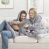 رخيصةأون بطانية يمكن ارتداؤها-بطانية هودي كبيرة الحجم من الصوف الناعم قابلة للارتداء، سترة خفيفة الوزن بأكمام وجيب أمامي للنساء والرجال، بطانية ملفوفة من القطيفة يمكن ارتداؤها للاسترخاء ومشاهدة التلفزيون
