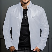 abordables Veste cuir homme-Homme Veste en Similicuir Veste de transition Veste moto Veste en cuir rouge Vacances Quotidien Coupe-vent Chaud Avec Poches Automne &amp; Hiver Uni Mode Classique Col montant Régulier Similicuir Noir