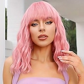 halpa Synteettiset trendikkäät peruukit-peruukki otsatukkailla pehmeät lyhyet bob-peruukit naisille synteettiset olkapituiset naisten aaltoilevat peruukit halloween-asuihin cosplay päivittäin