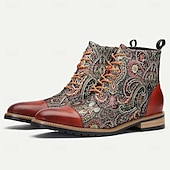 cheap Premium Leather Boots-Men&#039;s Premium Cowhide and Jacquard Paisley Ankle Boots - Vintage Lace-Up Leather Boots with Rugged Sole for Casual and Formal Wear