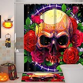baratos Cortinas de Banho-cortina de chuveiro de halloween com ganchos para banheiro cortina de chuveiro de caveira conjunto de decoração de banheiro poliéster à prova d&#039;água pacote com 12 ganchos de plástico cabeças de
