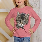 billiga Flickans 3D-djur-Flickor 3D Grafisk Djur Katt T-shirt Långärmad Vår Höst Mode Grundläggande Barn 4-12 år Rund hals Utomhus Ledigt Dagligen Normal
