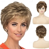 cheap Older Wigs-Brown Curly Pixie Wigs for White Women Short Fluffy White Hair with Bangs Natural Synthetic Heat Resistant Wig