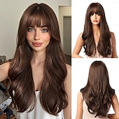 economico Parrucche trendy sintetiche-parrucche marroni parrucca sintetica lunga con alta densità naturale testa calore parrucche permanenti per capelli per donne