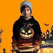 billiga Pojkes Halloween kostymer-Halloween Pojkar 3D Grafisk Pumpa Huvtröja Långärmad Vår Höst Mode Streetwear Polyester Barn 4-12 år Huva Utomhus Ledigt Dagligen Normal