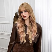 cheap Synthetic Trendy Wigs-Synthetic Wig Curly Wavy Neat Bang With Bangs Machine Made Wig 26 inch Gold Pink Synthetic Hair Women&#039;s Cute Cosplay Party Blonde