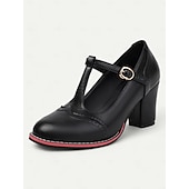 halpa 1950-luku-naisten vintage-ruskeat t-ranneke Mary jane -pumput, joissa on brogue-yksityiskohtia – paksut korkokengät toimistoon, retromuotiin ja arkipäivään