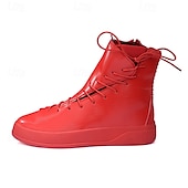 cheap Ankle Boots-Men&#039;s Red Faux Leather High-Top Boots with Side Zipper and Lace-Up Design – Stylish Casual Footwear for Fall and Winter
