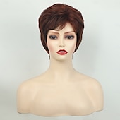 cheap Older Wigs-Red Brown Curly Pixie Wigs for White Women Short Fluffy White Hair with Bangs Natural Synthetic Heat Resistant Wig