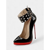 cheap Stiletto Heels-Women&#039;s Black Patent Leather Platform Stiletto Heels with Red Sole, Studded Spiked Ankle Straps, Sexy High Heels for Night Out, Parties, and Clubwear