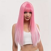 Χαμηλού Κόστους Περούκες για πάρτι-μακριές ίσιες περούκες με κτυπήματα για γυναίκες Περούκες αντικατάστασης μαλλιών από μαλακές συνθετικές ίνες για πάρτι καρναβαλιού χρήση μουσικού φεστιβάλ