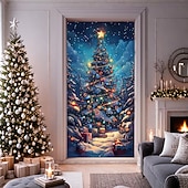 billige juledørdeksler-juledørdekorasjoner dørdeksler juletre farget glass dør billedvev dør gardin dekorasjon bakteppe dør banner for inngangsdør gårdshus ferie fest dekor forsyninger innendørs/utendørs